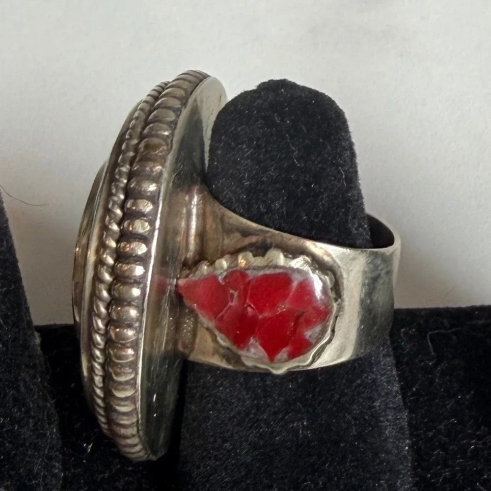 Bohemian Mosaic Turquoise Lapis Coral Statement Ring Silver Tone‎ Size 7